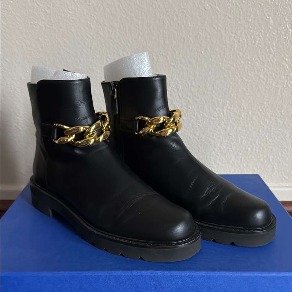 Stuart Weitzman Leather Ankle Bootie with Gold Chain Accent